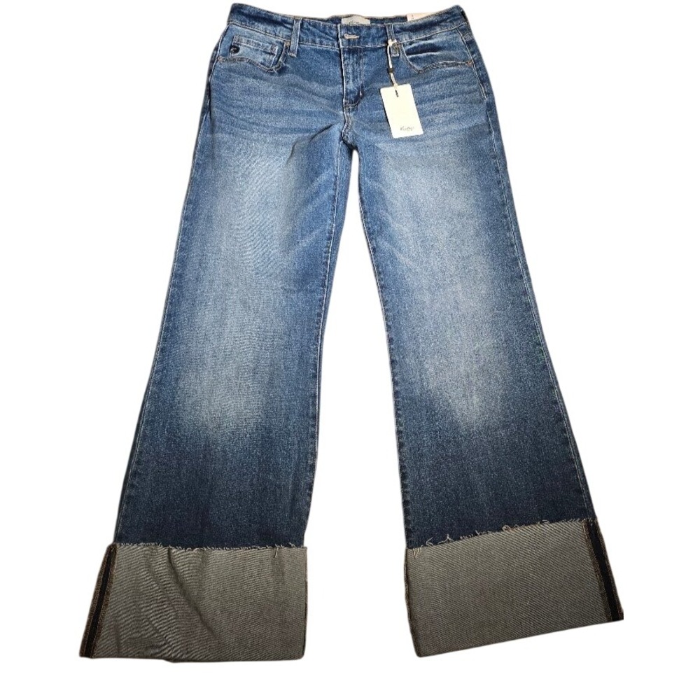 KanCan High Rise Wide Leg Cuffed Jeans Medium Wash Raw Hem Size 11/29